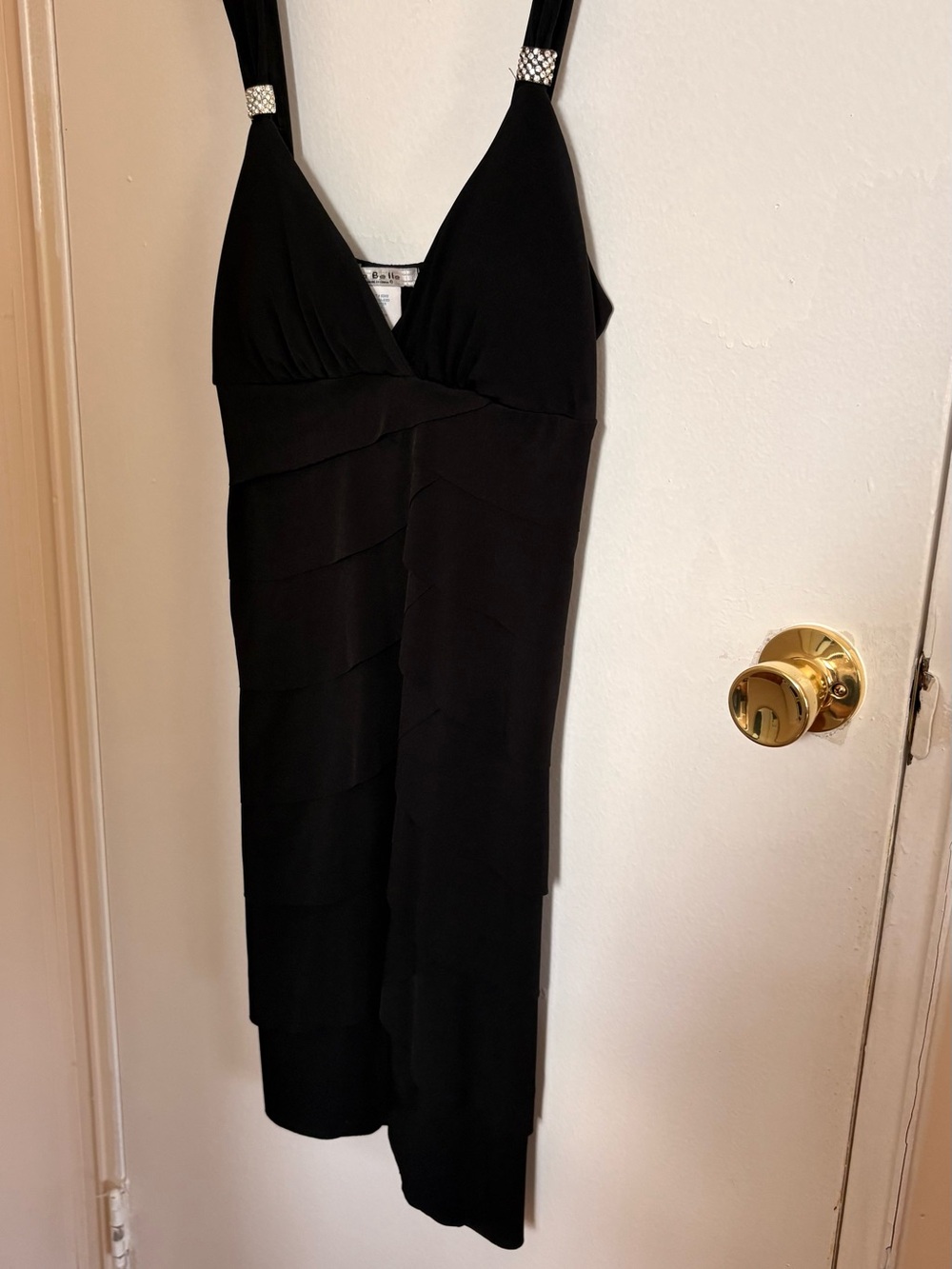 La Belle Black V-Neck Tiered Midi Dress with Embellished Straps
